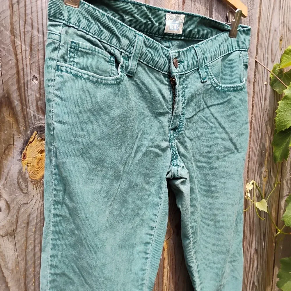 Vintage 07 Levis Teal Green Low Rise Corduroy Pants Sz 8M W29 Distressed Grunge